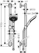 Hansgrohe Dusche mit Wandhalterung und Duschkopf, Skizze zeigt Maße und Konstruktion der Brausestange sowie des Duschschlauchs.